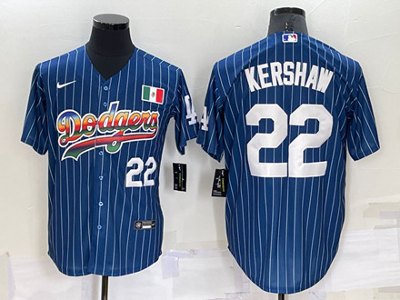 Men's Los Angeles Dodgers #22 Clayton Kershaw Navy Mexico Rainbow Cool Base Stitched Baseball Jersey